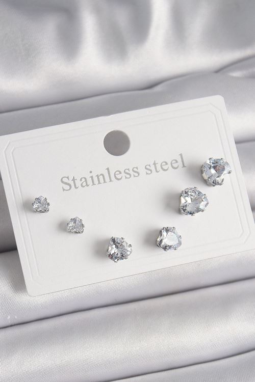 YRTCL 316L Çelik Gümüş Renk Zirkon Taşlı Kalp Model Kadın Küpe Seti