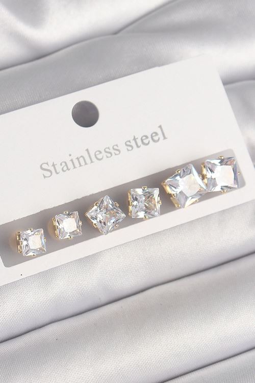 YRTCL 316L Çelik Gold Renk Kare Zirkon Taş Model Kadın Küpe Seti