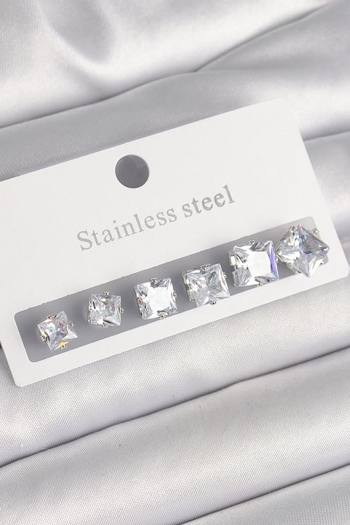 YRTCL 316L Çelik Gümüş Renk Kare Zirkon Taşlı Kadın Küpe Seti