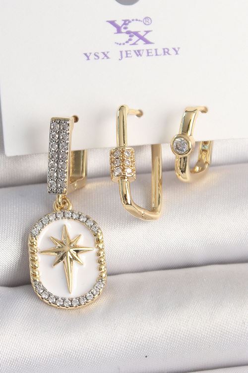 YRTCL Pirinç Gold Renk Sallantı Zirkon Taş İşlmeli Yıldız Portre Model 3'Lü Kadın Kombin Küpe