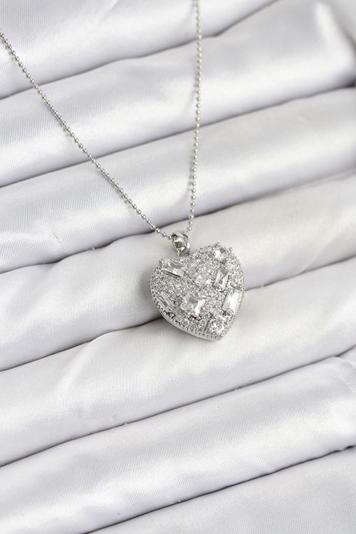 YRTCL 316L Çelik Zincir Gümüş Zirkon Taşlı Kalpli Kadın Kolye