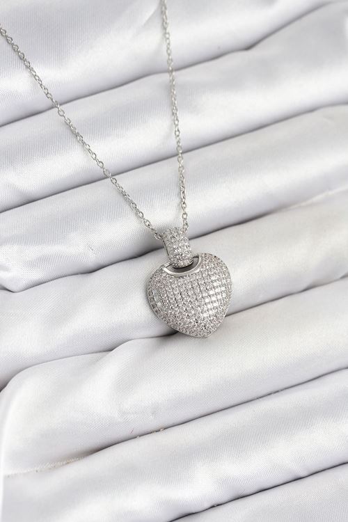 YRTCL 316L Çelik Zincir Gümüş Renk Zirkon Taşlı Kalpli Kadın Kolye