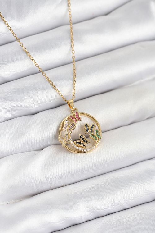 YRTCL 316L Çelik Zincir Gold Renk Zirkon Taşlı Kelebekli Kadın Kolye