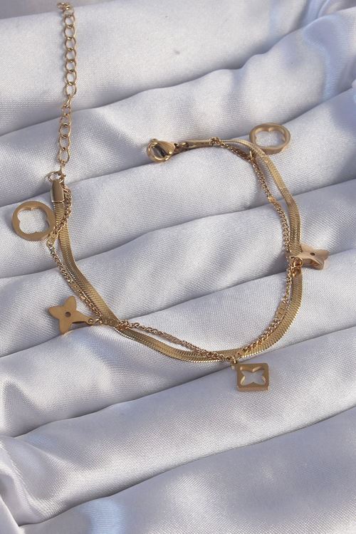 YRTCL 316L Çelik Gold Renk Çift Zincir Yonca Tasarım Bileklik