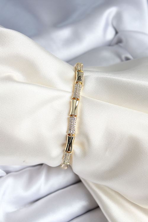 YRTCL Pirinç Kemik Model Zirkon Taşlı Gold Renk Kadın Bileklik