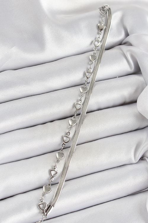 YRTCL 316L Çelik Gümüş Renk Kalpli Zincir ve İtalyan Zincirli 2'li Kadın Bileklik