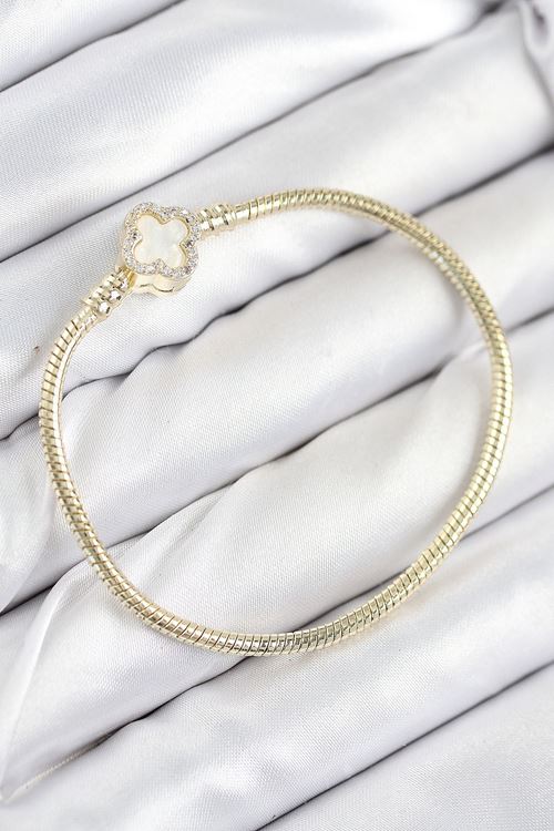 YRTCL Pirinç Charm Zirkon Taşlı Yonca Model Gold Renk Kadın Bileklik