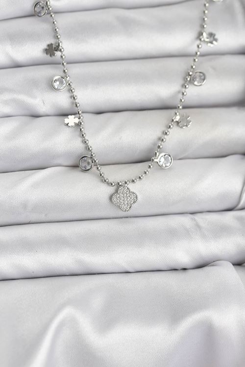 YRTCL Pirinç Gümüş Renk Yonca Model Kadın Kolye