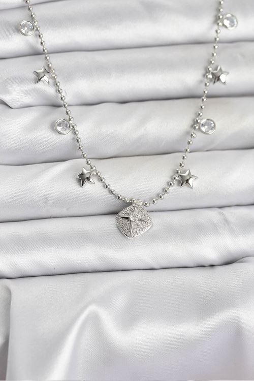 YRTCL Pirinç Gümüş Renk Zirkon Taşlı Kutup Yıldızı Model Kadın Kolye