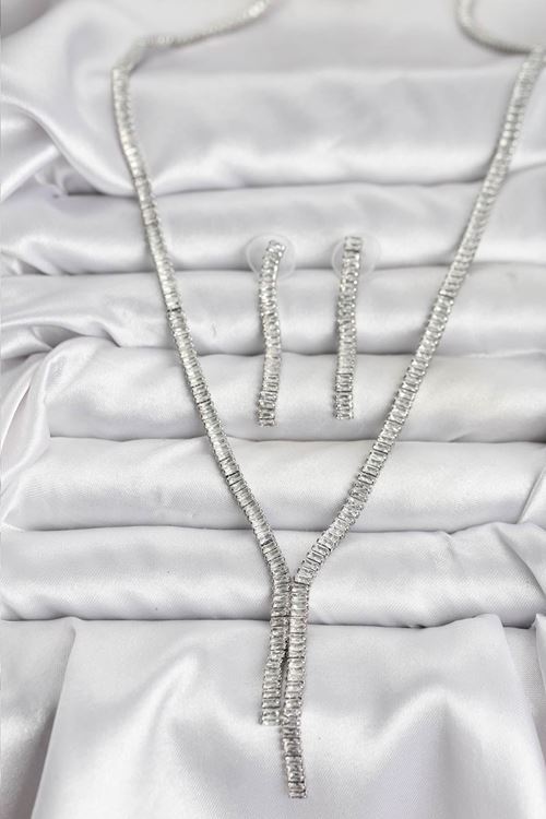 YRTCL Gümüş Renk Baget Zirkon Taşlı Kadın Kolye Küpe Set