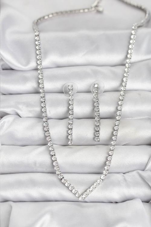 YRTCL Gümüş Renk Zirkon Taşlı Kadın Kolye Küpe Seti