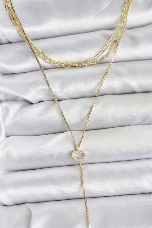 YRTCL Pirinç Gold Renk Kalp Detaylı 3'lü Kombin Y Kadın Kolye