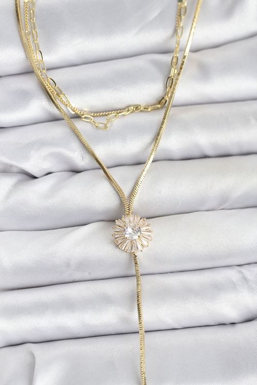 YRTCL Pirinç Gold Renk Zirkon Taşlı Papatya Model Detaylı 3'lü Kombin Y Kadın Kolye