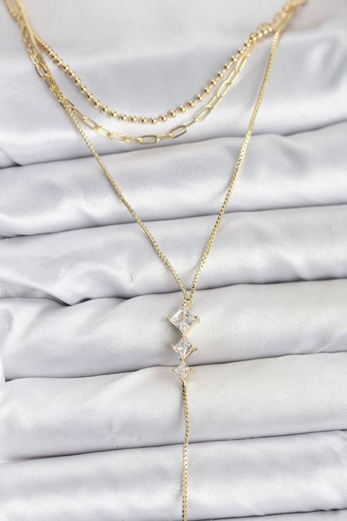 YRTCL Pirinç Gold Renk Zirkon Taş Detaylı 3'lü Kombin Y Kadın Kolye