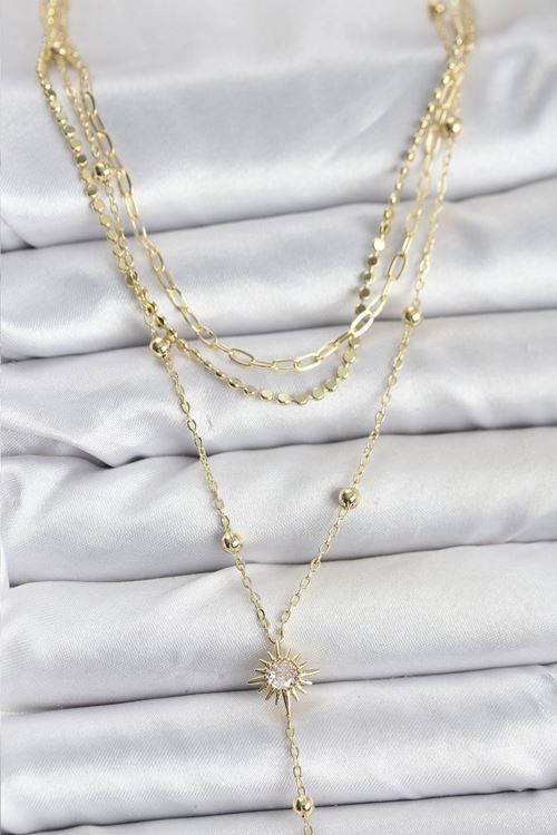 YRTCL Pirinç Gold Renk Güneş Model Detaylı 3'lü Kombin Y Kadın Kolye