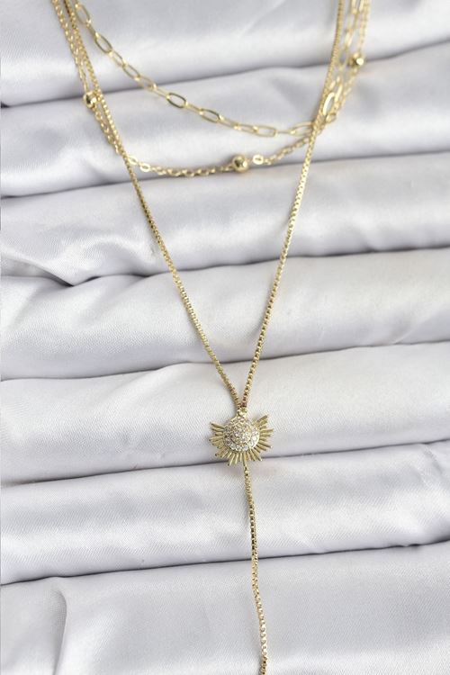 YRTCL Pirinç Gold Renk Zirkon Taşlı Güneş Model Detaylı 3'lü Kombin Y Kadın Kolye