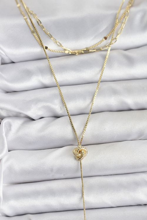 YRTCL Pirinç Gold Renk Düğüm Model Detaylı 3'lü Kombin Y Kadın Kolye