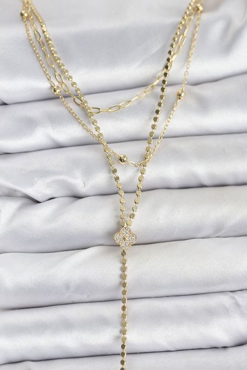 YRTCL Pirinç Gold Renk Zirkon Taşlı Yonca Model Detaylı 3'lü Kombin Y Kadın Kolye