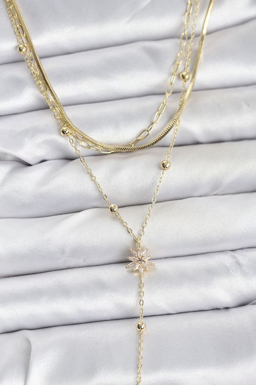 YRTCL Pirinç Gold Renk Kutup Yıldızı Model Detaylı 3'lü Kombin Y Kadın Kolye