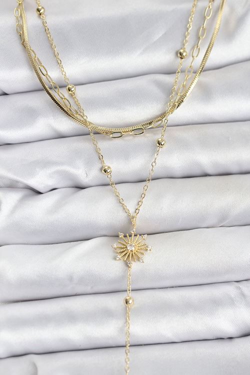 YRTCL Pirinç Gold Renk Zirkon Taşlı Model Detaylı 3'lü Kombin Y Kadın Kolye