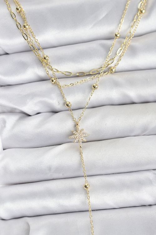 YRTCL Pirinç Gold Renk Kutup Yıldızı Detaylı 3'lü Kombin Kadın Kolye