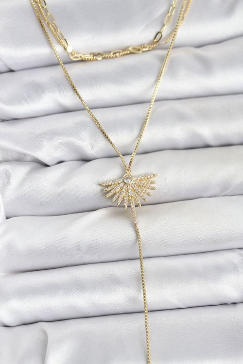 YRTCL Pirinç Gold Renk Zirkon Taşlı Yelpaze Model Detaylı 3'lü Kombin Y Kadın Kolye