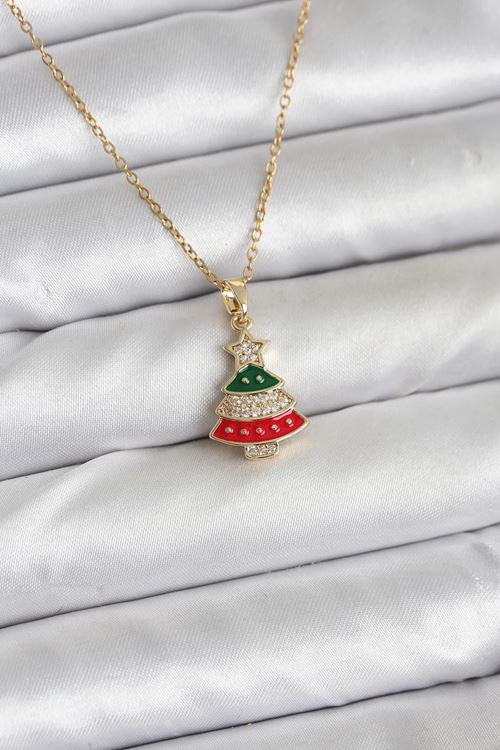 YRTCL 316L Çelik Zincir Gold Ren Çam Ağacı Model Zirkon Taşlı Yılbaşı Temalı Kadın Kolye