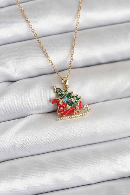 YRTCL 316L Çelik Zincir Gold Renk Kızak ve Çam Ağacı Figürlü Yılbaşı Temalı Kadın Kolye