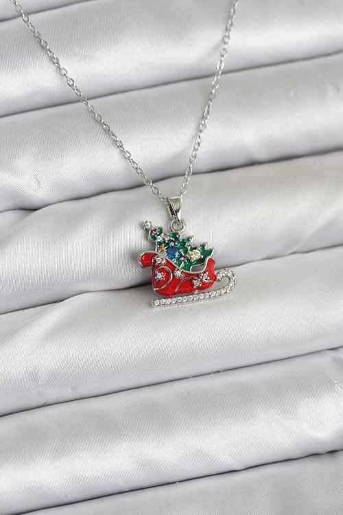 YRTCL 316L Çelik Zincir Gümüş Renk Kızak ve Çam Ağacı Figürlü Yılbaşı Temalı Kadın Kolye