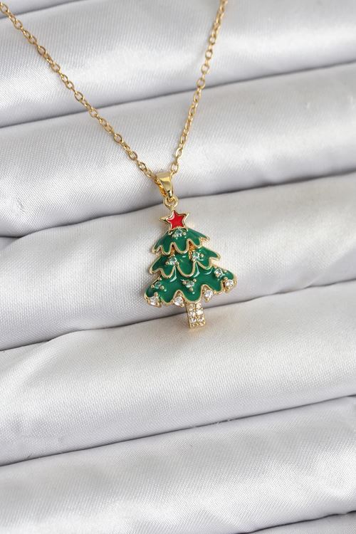 YRTCL 316L Çelik Zincir Gold Renk Çam Ağacı Model Yılbaşı Temalı Kadın Kolye