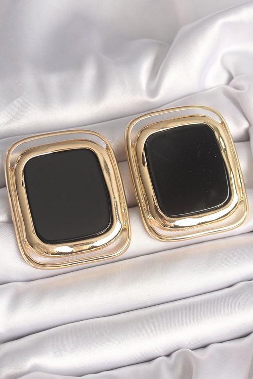 YRTCL Pirinç Gold Renk Siyah Mineli Kare Model Kadın Küpe