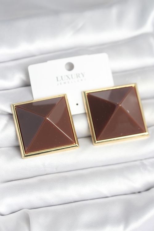 YRTCL Pirinç Gold Renk Kahverengi Piramit Model Kadın Küpe