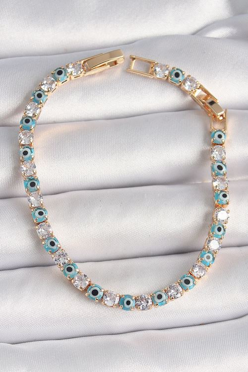 YRTCL Pirinç Gold Renk Su Yolu Zirkon Taşlı Nazar Boncuklu Kadın Bileklik