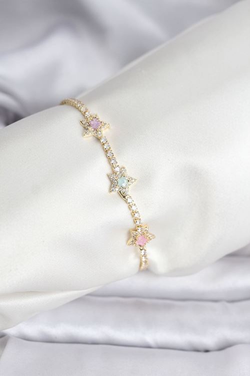 YRTCL Renkli Yıldız Model Zirkon Taşlı Gold Renk Pirinç Su Yolu Kadın Bileklik