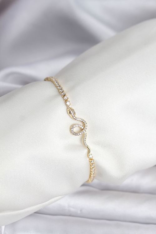 YRTCL Yılan Model Zirkon Taşlı Gold Renk Pirinç Su Yolu Kadın Bileklik