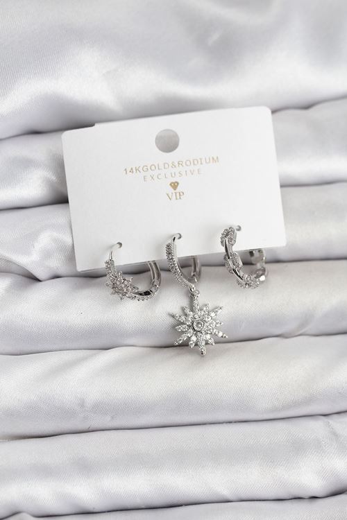 YRTCL Pirinç Gümüş Renk Kutup Yıldızı Model 3'lü Kadın Küpe Seti