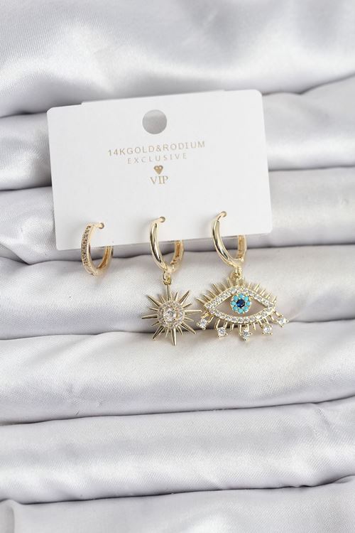 YRTCL Göz Model Gold Renk Pirinç 3'lü Kadın Küpe Seti