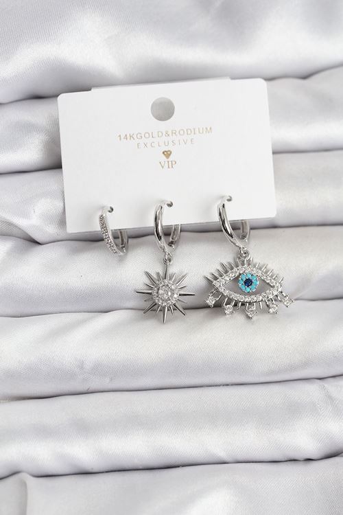 YRTCL Göz Model Gümüş Renk Pirinç 3'lü Kadın Küpe Seti