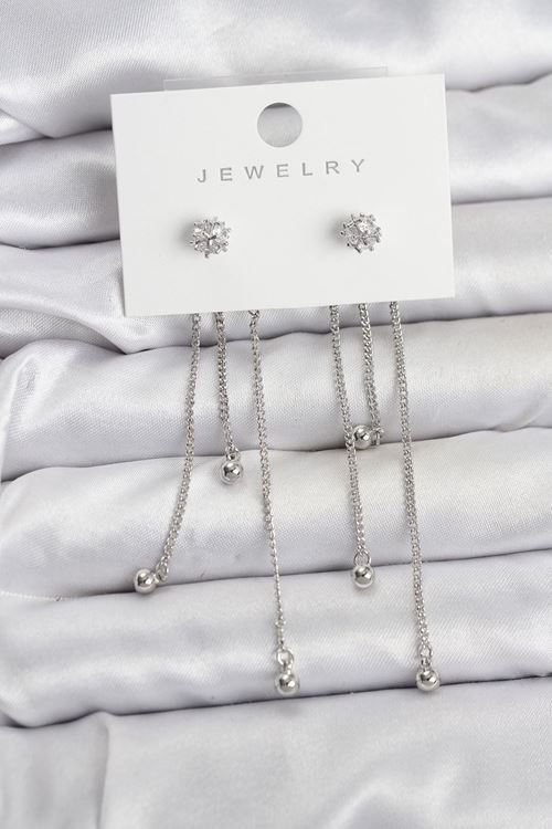 YRTCL Topçuk Model Gümüş Renk Pirinç Sallantılı Kadın Küpe Seti