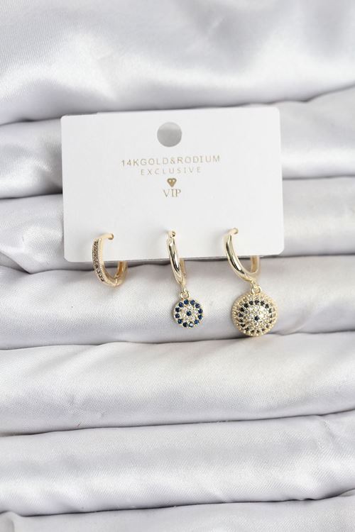 YRTCL Nazar Model Gold Renk Pirinç 3'lü Kadın Küpe Seti