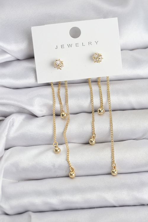 YRTCL Topçuk Model Gold Renk Pirinç Sallantılı Kadın Küpe Seti