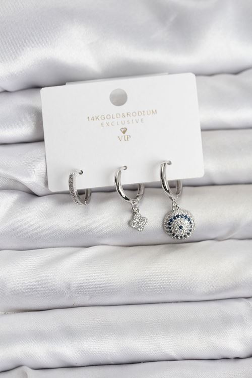 YRTCL Nazar Model Gümüş Renk Pirinç 3'lü Kadın Küpe Seti