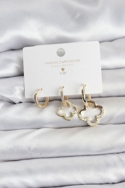 YRTCL Yonca Model Gold Renk Pirinç 3'lü Kadın Küpe Seti