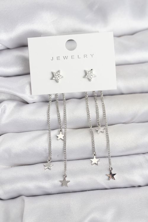 YRTCL Yıldız Model Gümüş Renk Pirinç Sallantılı Kadın Küpe