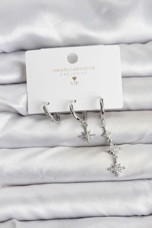 YRTCL Kutup Yıldızı Model Gümüş Renk Pirinç 3'lü Kadın Küpe Seti