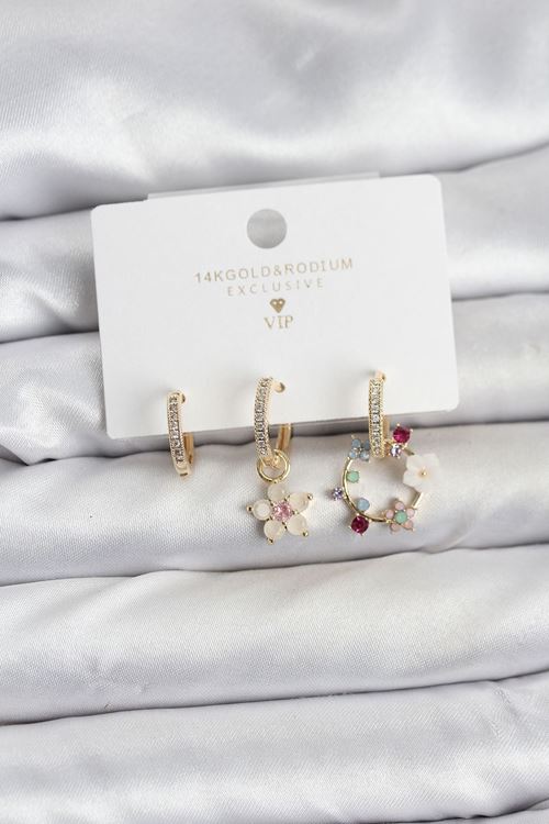 YRTCL Çiçek Model Gold Renk Pirinç 3'lü Kadın Küpe Seti