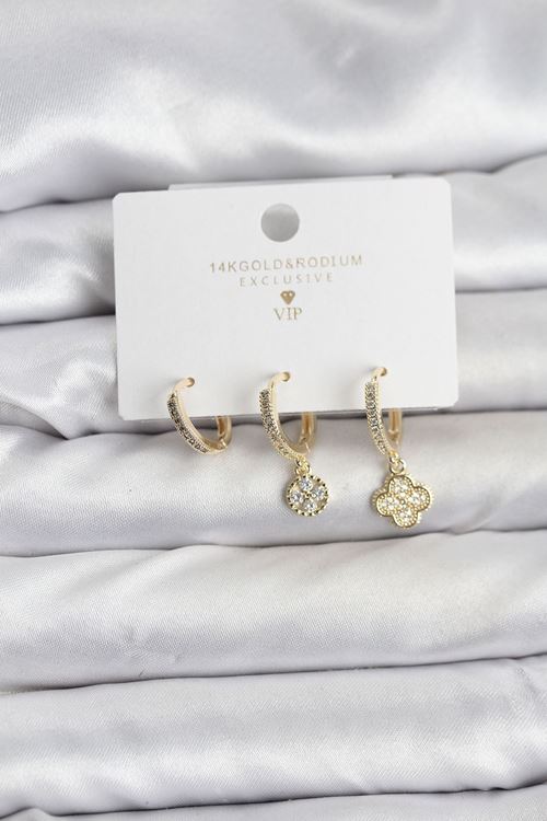 YRTCL Pirinç Gold Renk Yonca Model 3'lü Kadın Küpe Seti