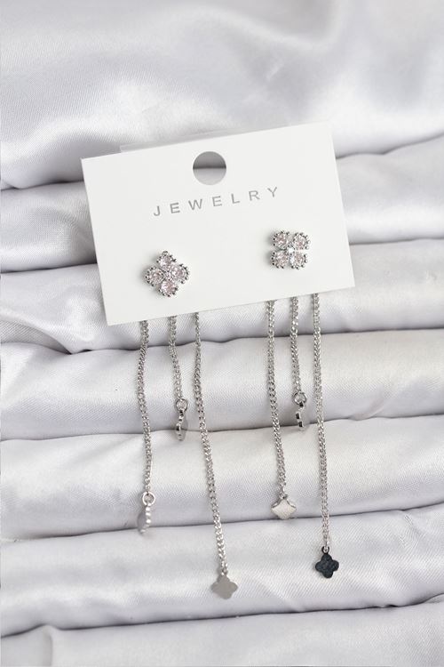 YRTCL Pirinç Gümüş Renk Yonca Model Sallantılı Kadın Küpe