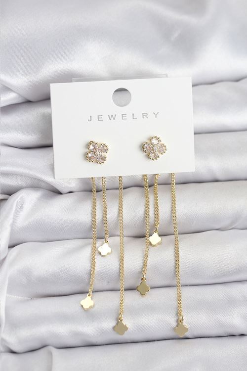 YRTCL Pirinç Gold Renk Yonca Model Sallantılı Kadın Küpe