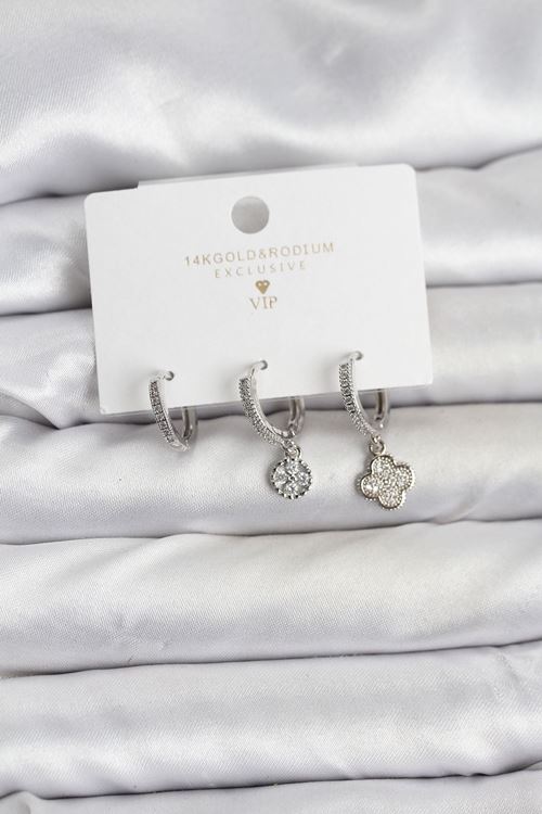 YRTCL Pirinç Gümüş Renk Yonca Model 3'lü Kadın Küpe Seti